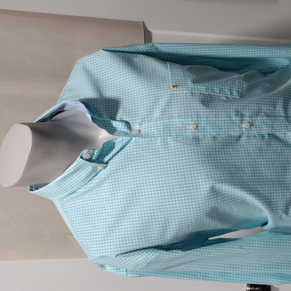 Izod mens aqua and white gingham plaid cotton blend shirt. Large